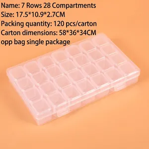 Detailed view of a 28-grid transparent PP plastic organizer box for jewelry and beads