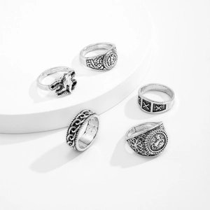 5-piece vintage silver men's ring set featuring geometric totems and retro metal designs