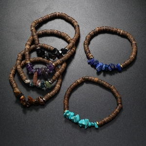 Bohemian natural gemstone and coconut shell beads bracelets with rustic wood texture