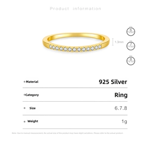 Detailed view of s925 silver 18K gold plated ring showing 1.3mm thickness and sizing chart