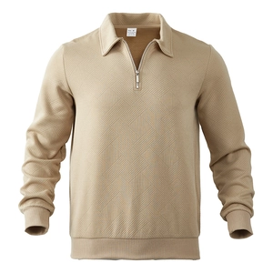 Men's khaki long sleeve polo sweatshirt with geometric woven jacquard texture and half-zip