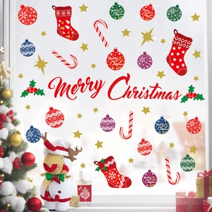 Pegatinas De Pared De Navidad PVC Letras Merry Christmas Calcetines Bastones De Caramelo Bolas Calcomanías Estáticas Ventana