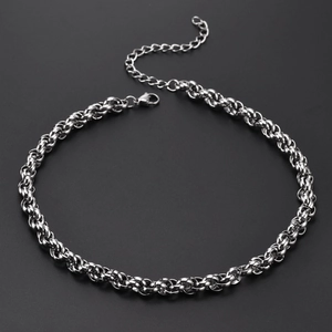 Detailed view of silver stainless steel woven chain necklace with lobster clasp and extender