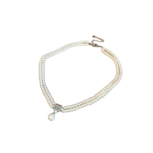 French chic double-layer pearl necklace with square blue stone and teardrop pearl pendant
