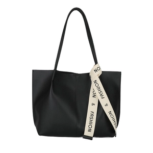 Classic black leather tote bag with stylish letter print ribbon and spacious interior