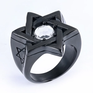 Men's vintage black stainless steel hexagram ring with clear center stone and star relief