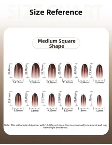 Size chart for medium long square press-on nails in red-brown gradient with dimensions