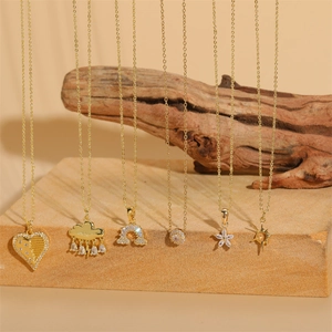 Golden titanium steel necklaces with rainbow zircon heart cloud and flower pendants