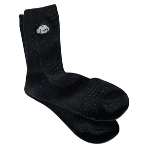 Black speckled knit mid-calf socks with white cartoon dog embroidery and ribbed cuffs