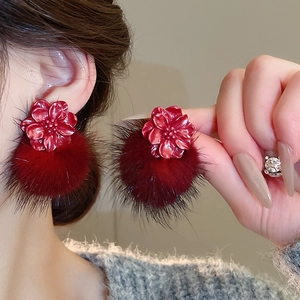 Chic red resin flower earrings with soft plush pom poms for women, autumn jewelry accessory
