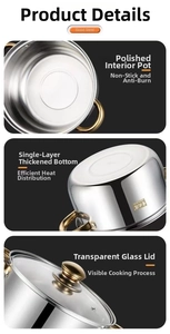 Detailed view of polished stainless steel pot with gold handles and glass lid