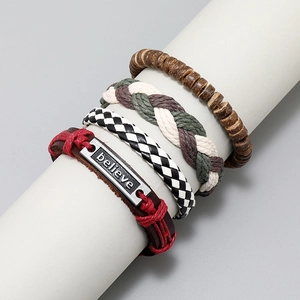 Set of 4 handmade woven vintage leather bracelets with wood beads and believe metal tag