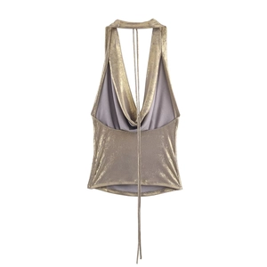 Glossy champagne gold backless halter top with a metallic finish and draped neckline