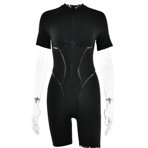 Slim fit black short sleeve bodysuit with front zipper and athletic shaping lines