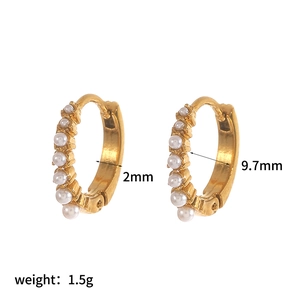 Gold stainless steel hoop earrings with pearls and zircon crystals for women
