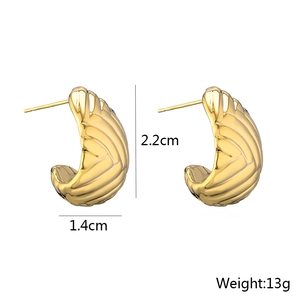 Dettaglio degli orecchini a cerchio dorati con texture a conchiglia e specifiche