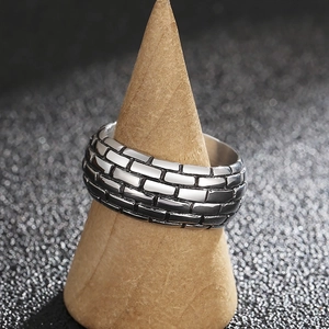 Retro punk style square brick textured titanium steel wide band ring for men