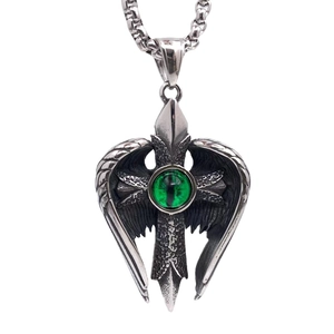 Vintage titanium steel necklace with angel wings and green cats eye stone pendant