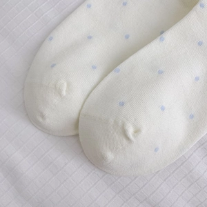 Détail des chaussettes en coton blanc à pois bleus et texture de tissu doux