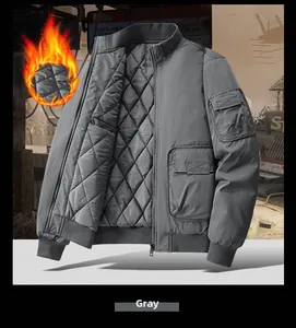 Detail view of men's gray jacket featuring quilted thermal lining and sleeve utility pocket