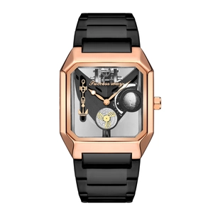 Men's square skeleton watch with rose gold case and black strap on a white background