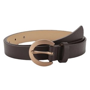 Deep brown leather belt with a matte gold horseshoe buckle on a white background
