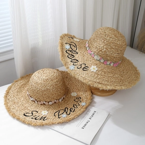 Sun Please Embroidered Wide Brim Paper Straw Hat With Crochet Flowers Frayed Edge Summer Beach Sun Protection Women