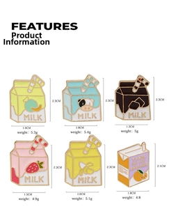 Set of six colorful zinc alloy enamel pins featuring cute milk carton designs with sizes