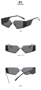 Three-view display of black frameless Y2K sunglasses showing front, side and back angles