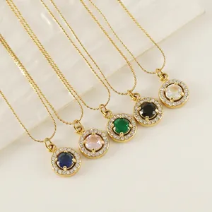 Set of five 18K gold plated stainless steel necklaces with colorful zircon halo pendants