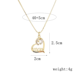 Gold heart pendant necklace with MOM engraving, gemstones and detailed dimensions
