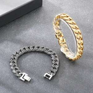 Retro punk 13mm Cuban link steel bracelet for men with engraved floral textures in gold and silver