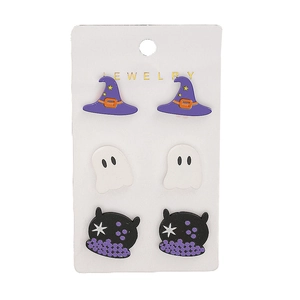 Set di 3 paia di orecchini a lobo Halloween con cappello da strega, fantasma e caldaia