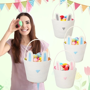 Easter Basket Bunny Ears Cotton Rope Woven Storage Bin Cute Desktop Organizer Gift For Nursery Home Decor