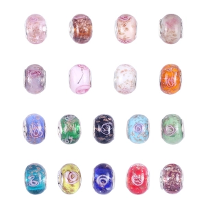 Macro view of 16 colorful glass beads with floral patterns and glitter for DIY bracelets