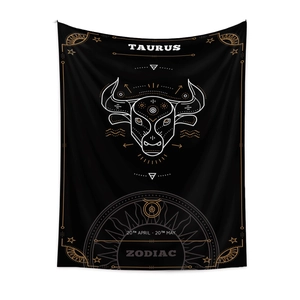 Detailed close-up of the Taurus zodiac wall tapestry with gold and white astrology symbols