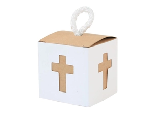 Detail of white and kraft paper gift box with cross cutout and woven handle
