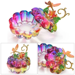 Iridescent glass nail crystal cup with gold butterfly lid for jewelry storage