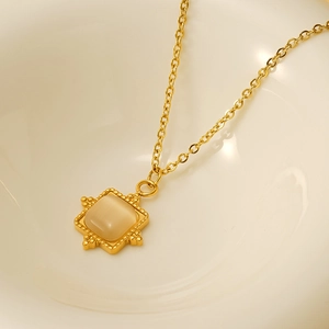 Retro 18K gold plated stainless steel sun necklace with square natural opal stone pendant