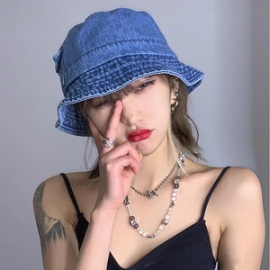 Stylish blue washed denim bucket hat for women with minimalist street casual design