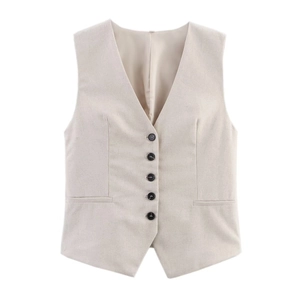 Women's two-piece set featuring a beige V-neck linen vest and matching casual shorts