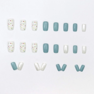 Short square press-on nails set with Morandi blue, pearl white, and colorful polka dots