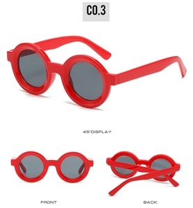 Detailed multi-angle views showing front, back, and 45-degree angle of red round sunglasses