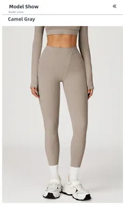 Front view of high waist yoga set in camel grey with long sleeve top and leggings