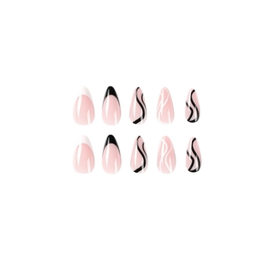 Faux ongles amande avec design de vagues noires et blanches et style French manucure