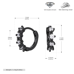 Detailed size specifications for S925 sterling silver hoop earrings with 5A zircons