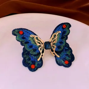 Luxury butterfly open ring with blue embroidery wings and sparkling rhinestones