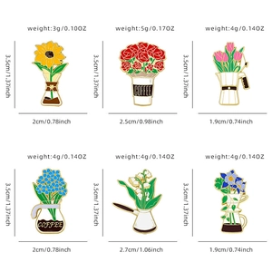 Collection of floral coffee cup enamel pins featuring roses and sunflowers with dimensions