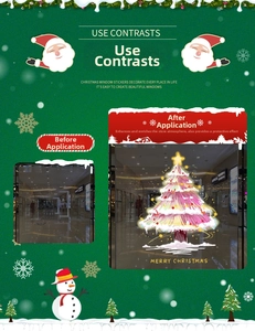 Before and after comparison of pink Christmas tree window stickers on glass storefront