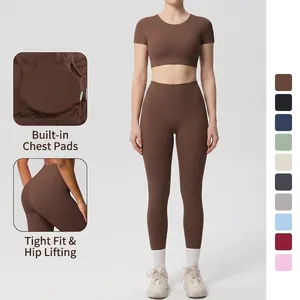Women Brushed Nylon Spandex Yoga Top And Bottom Naked Feel High Waist Leggings Short Sleeve Athletic Training Fitness Apparel